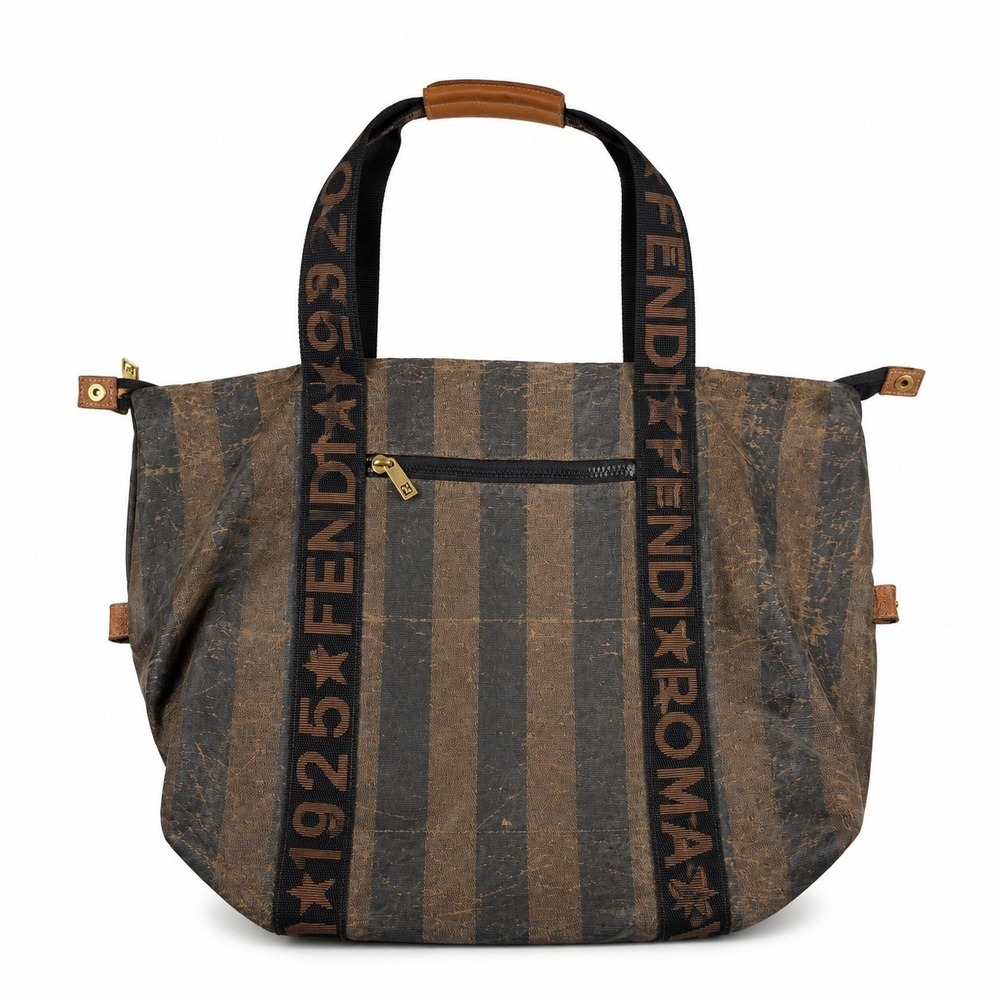 Fendi Vintage Y2K Pequin Striped Large Canvas Leather Travel Tote Duffle Bag